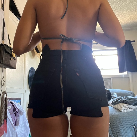 Black Levi reworked denim shorts with white lace up customized size 25 up cycle - Picture 4 of 4